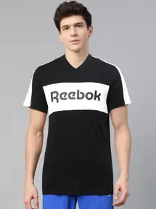 Reebok Men Black  White Printed Slim Fit Training Essentials Linear Logo Graphic Pure Cotton T-shirt