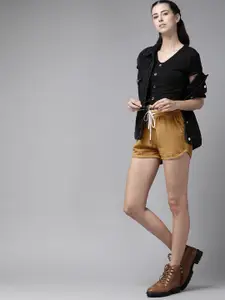 Roadster Women Khaki Solid Pure Cotton Regular Shorts
