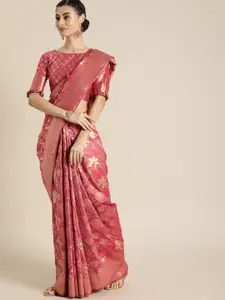 Inddus Pink & Gold-Toned Silk Blend Woven Design Banarasi Saree