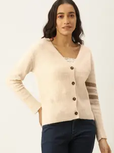 AND Women Pink & Beige Striped Button Shrug