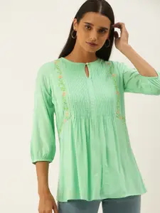 AND Sea Green Floral Embroidered Keyhole Neck Regular Top