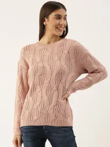 AND Women Beige Self Design Pullover Sweater