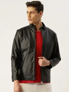Leather Retail Men Black Solid Lightweight Jacket