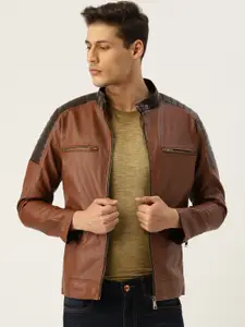 Leather Retail Men Brown Solid Lightweight Biker Jacket
