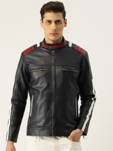 Leather Retail Men Navy Blue Solid Lightweight Biker Jacket