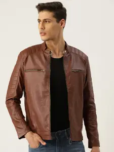 Leather Retail Men Brown Solid Lightweight Biker Jacket