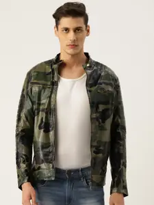 Leather Retail Men Green & Beige Camouflage Printed Lightweight Biker Jacket