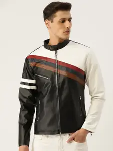 Leather Retail Men Black & White Colourblocked Lightweight Biker Jacket