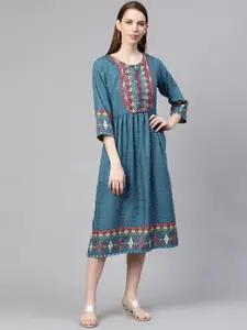 plusS Blue & Pink Ethnic Motifs Ethnic A-Line Midi Dress