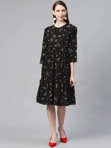 plusS Women Black & Green Floral Print A-Line Dress