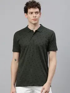 Kryptic Men Olive Green Printed Polo Collar T-shirt