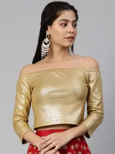 Global Desi Women Beige & Gold-Toned Printed Cropped Bardot Top