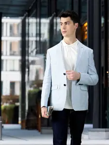 Louis Philippe Men Blue & White Slim Fit Micro Checked Single-Breasted Linen Blazer