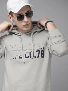 Roadster Men Grey Melange Embossed Hooded Sweatshirt