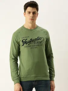 Peter England Men Olive Green & Black Printed Sweatshirt
