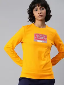 Puma Women Yellow Mix Tape Graphic Crew Printed Pullover Sweatshirt