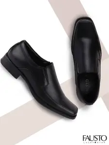 FAUSTO Men Black Solid Shock Absorber Sole Leather Formal Slip-Ons