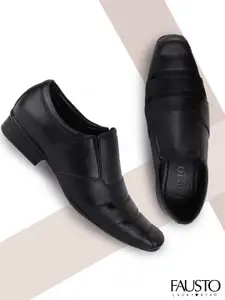 FAUSTO Men Black Leather Formal Slip-Ons