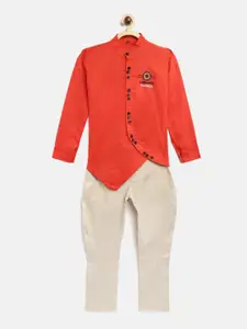 AD & AV Boys Coral Red & Beige Solid Asymmetric Shirt with Trousers