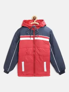AD & AV Boys Red & Navy Blue Colourblocked Padded Jacket with Detachable Hood