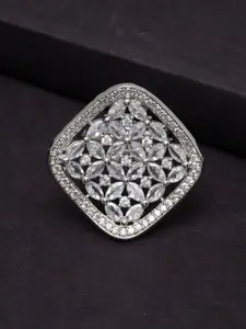 PANASH Rhodium-Plated Silver-Toned Solitaire AD-Studded Handcrafted Adjustable Finger Ring