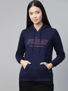 Allen Solly Woman Navy Blue & Pink Printed Hooded Sweatshirt
