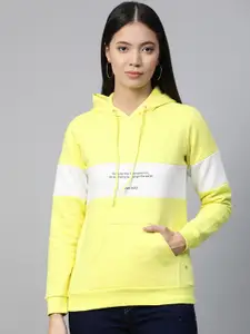 Allen Solly Woman Yellow & White Colourblocked Hooded Sweatshirt