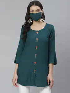 Cayman Women Green Embroidered Pure Cotton A-Line Kurti