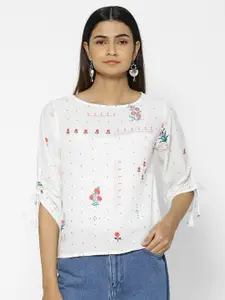 Saaki Women Off-White & Red Floral Printed Embroidered Top