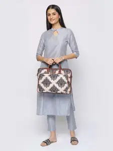 ZOUK Unisex Beige & Navy Blue Printed Vegan Leather 16 Inch Sustainable Laptop Bag