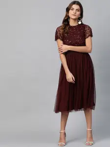 DOROTHY PERKINS Women Burgundy Sequinned Fit and Flare Net Dress
