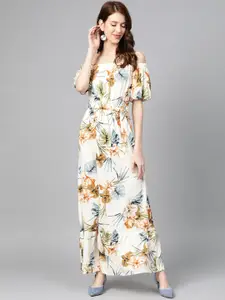 DOROTHY PERKINS Women Cream-Coloured & Brown Tropical Print Maxi Dress