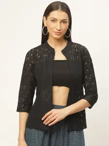 Rute Women Black Self Design Open Front Shrug