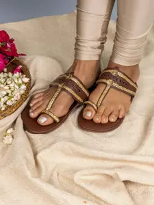 THE MADRAS TRUNK Women Leather Braided Handcrafted One Toe Kolhapuri Flats