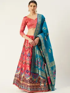 Mitera Pink & Blue Woven Design Semi-Stitched Lehenga & Unstitched Blouse with Dupatta