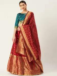 Mitera Red & Turquoise Blue Woven Design Semi-Stitched Lehenga & Unstitched Blouse with Dupatta
