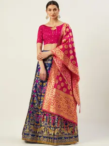 Mitera Navy Blue & Pink Woven Design Semi-Stitched Lehenga & Unstitched Blouse with Dupatta
