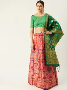 Mitera Pink & Green Woven Design Semi-Stitched Lehenga & Unstitched Blouse with Dupatta