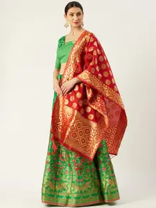 Mitera Green & Red Woven Design Semi-Stitched Lehenga & Unstitched Blouse with Dupatta
