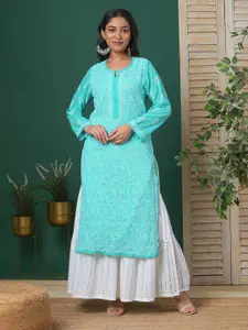 ADA Women Sea Green & White Floral Chikankari Embroidered Straight Sustainable Handloom Kurta