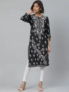 ADA Women Black & White Chikankari Embroidered Straight Sustainable Handloom Kurta