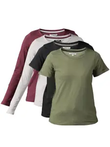 Roadster Women Pack Of 4 Solid Round Neck Pure Cotton T-shirts