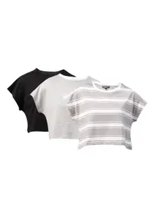 Roadster Women Pack of 3 Cotton Extended Sleeves Crop T-shirts