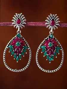 Sukkhi Pink & Green Handcrafted  Oxidised Teardrop Shaped Drop Earrings