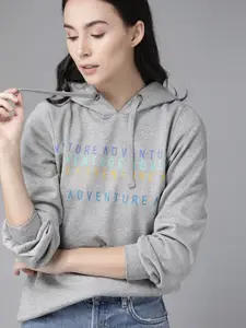 Roadster Women Grey Melange & Blue Printed Hooded Sweatshirt