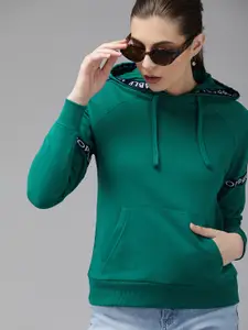 Roadster Women Teal Green Solid Hooded Sweatshirt with Taping