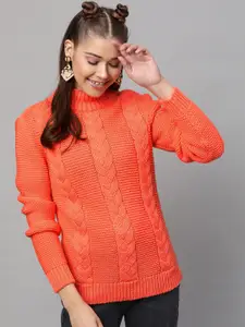 STREET 9 Women Orange Self Design Pullover Sweater
