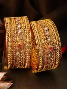 Rubans Set Of 2 Gold-Plated Pink & Beige Kundan-Studded Faux Ruby Handcrafted Bangles