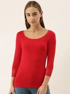 zebu Women Red Solid Knitted Fitted Top With Lace Inserts