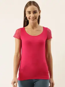 zebu Women Pink Solid Slim Fit Round Neck T-shirt with Lace Detailing